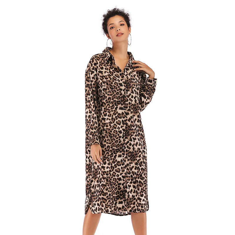 

Europe and the United States foreign trade women's spring new leopard dress fashion sexy long section split dress Full Polyester