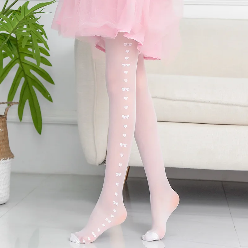 Summer Thin Love Bowknot Children's Core-Spun Silk Pantyhose Transparent Jacquard Girls Leggings