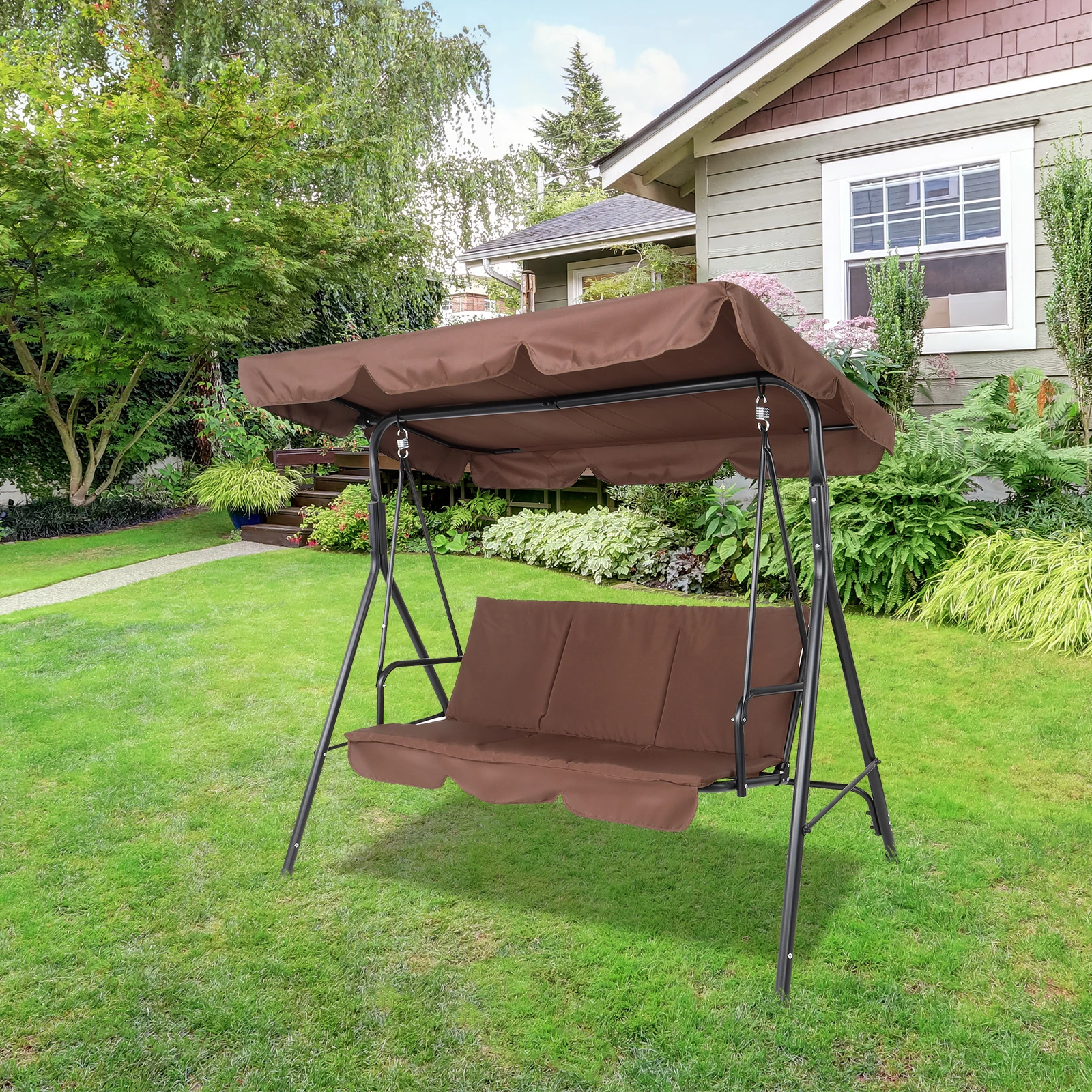 3-Person Sunshade Swing 170x110x153CM Iron Swing Chair With Canopy and Cushion 250kg Load-Bearing Brown[US-Depot]