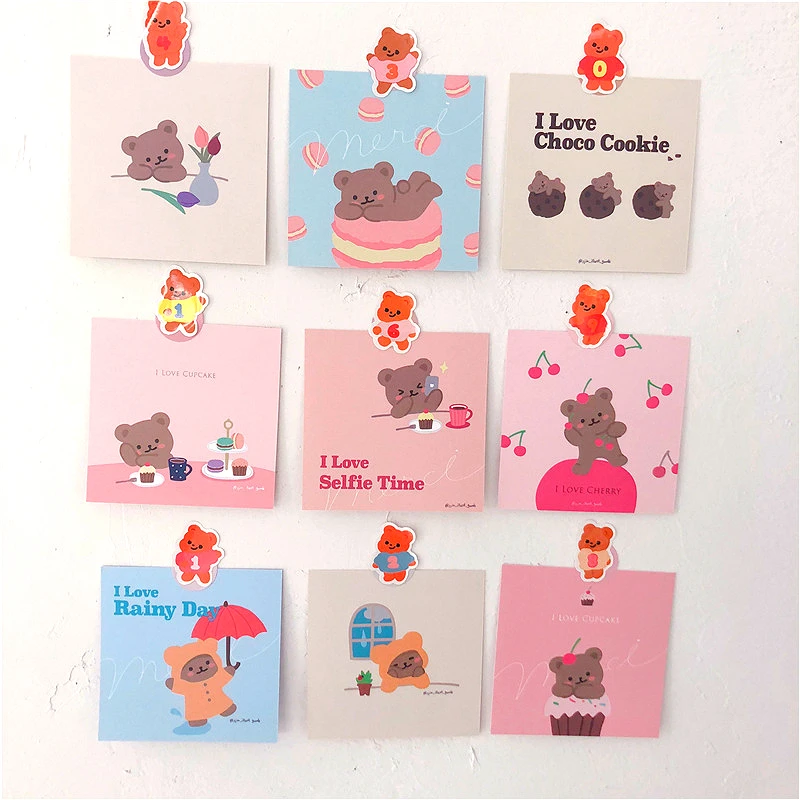 9pcs Korean Cute Cartoon Bear Decoration Greeting Cards I Love Cupcake Handbook Album Room Wall Sticker Photo Props Stationery