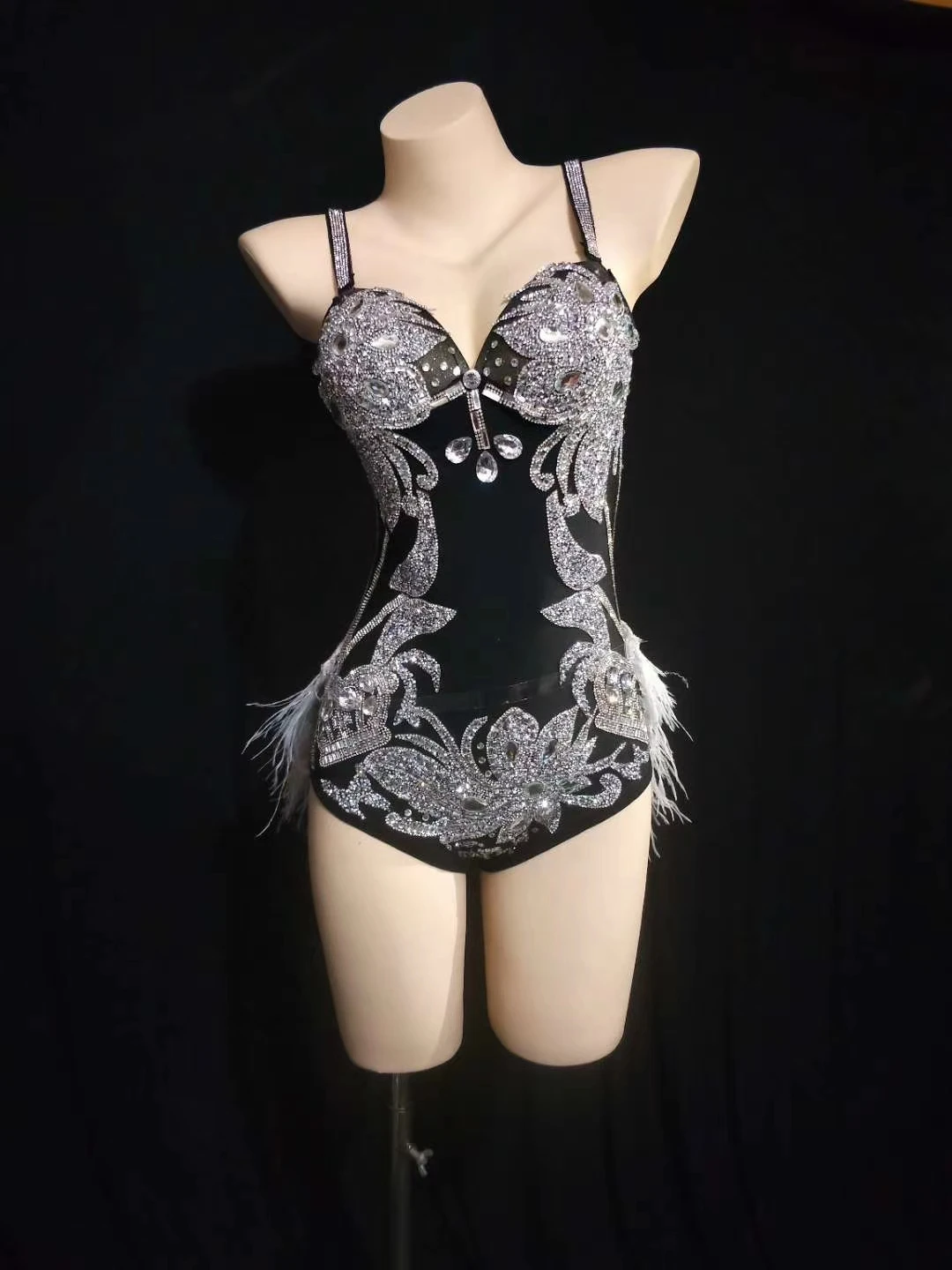 Sexy Feather Hem Rhinestone Bodysuit Women Spaghetti Strap Crystal Party Jumpsuit Nightclub Pole Dance Leotard Stage Costumes