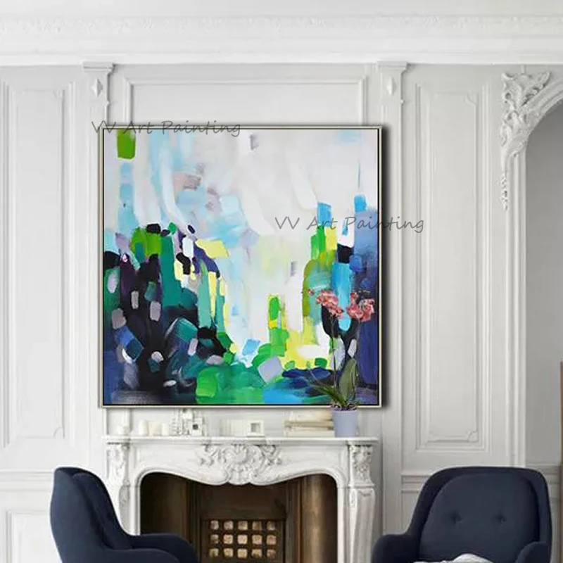 Contemporary Canvas Painting,Original Hand Painted Palette Knife Art,Tropical Cool Tone Square Abstract, Bedroom Decor Unframed