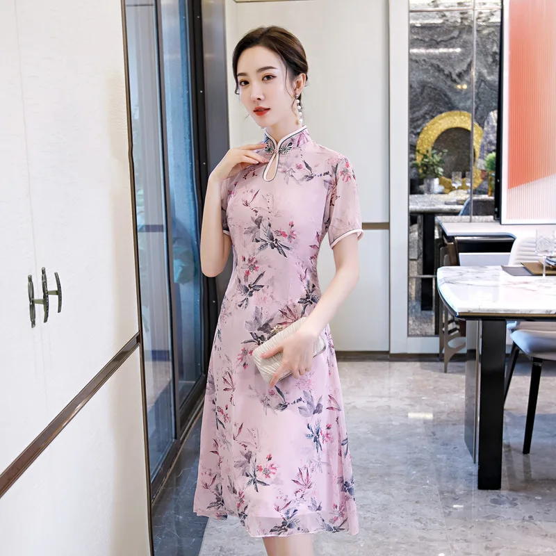 Modified Cheongsam 2020 Spring New Mid-Long Silk Dress Cheongsam Daily A-Line Retro Fashion Dress Women Freshness Beauty Qipao