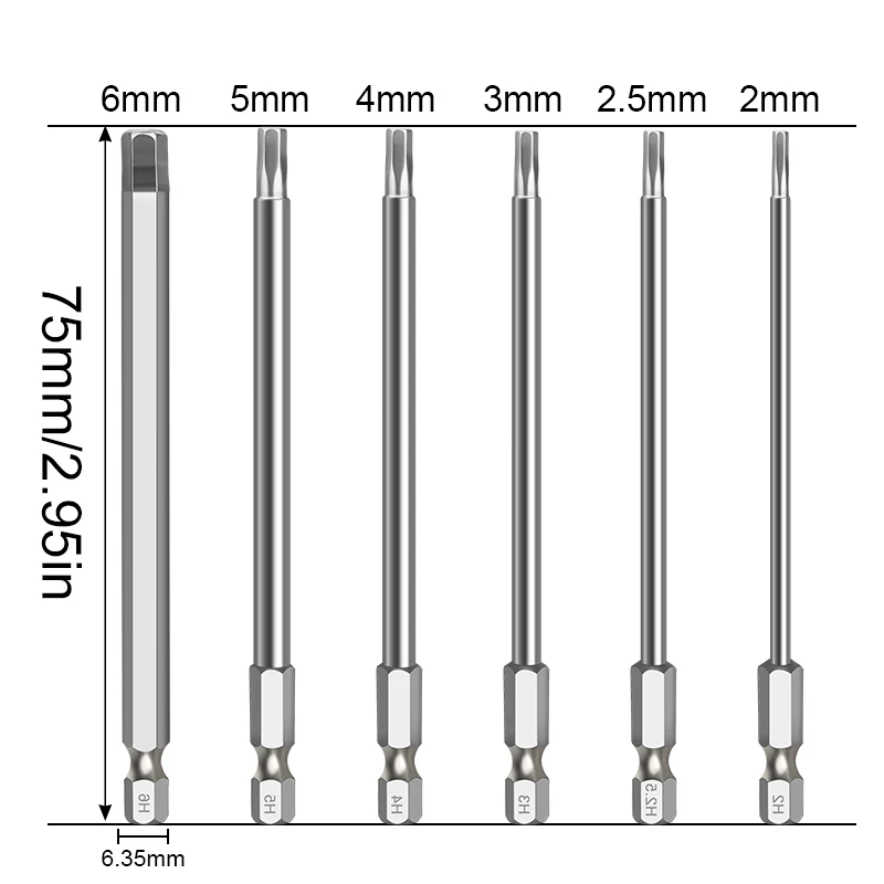 6Pcs 75mm Inbusschlüssel Bohrer Set S2 Stahl Magnetische Hex Bit Set Innensechskant Sechskant Kopf Allen schraubendreher Bit