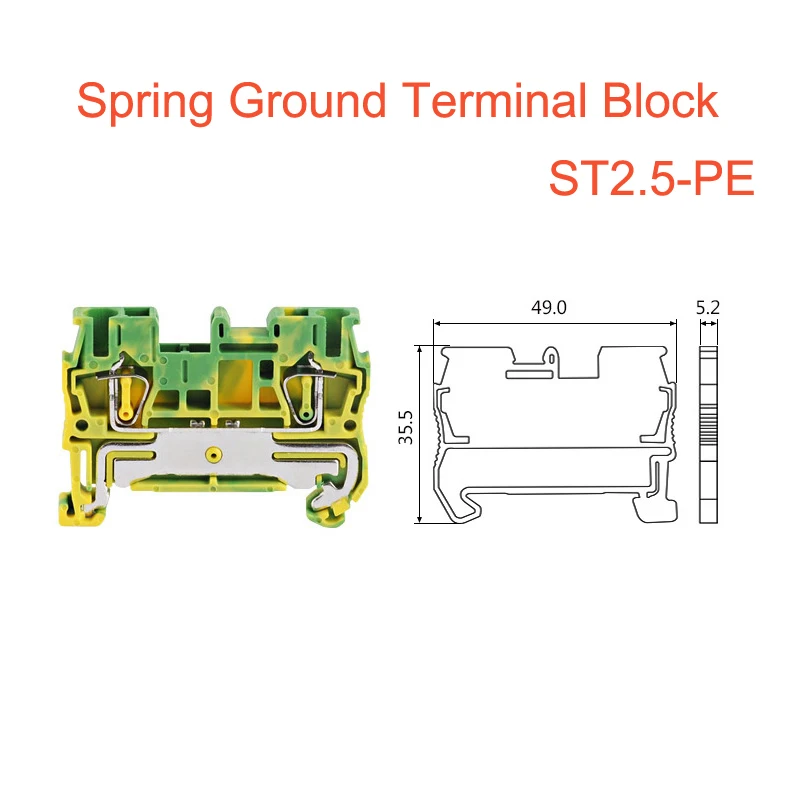 1Pcs Spring Ground Terminal Blocks ST2.5-PE Bornier Din Rail Yellow Green Earthing Terminals Block Wire Cable Connector 2.5mm2