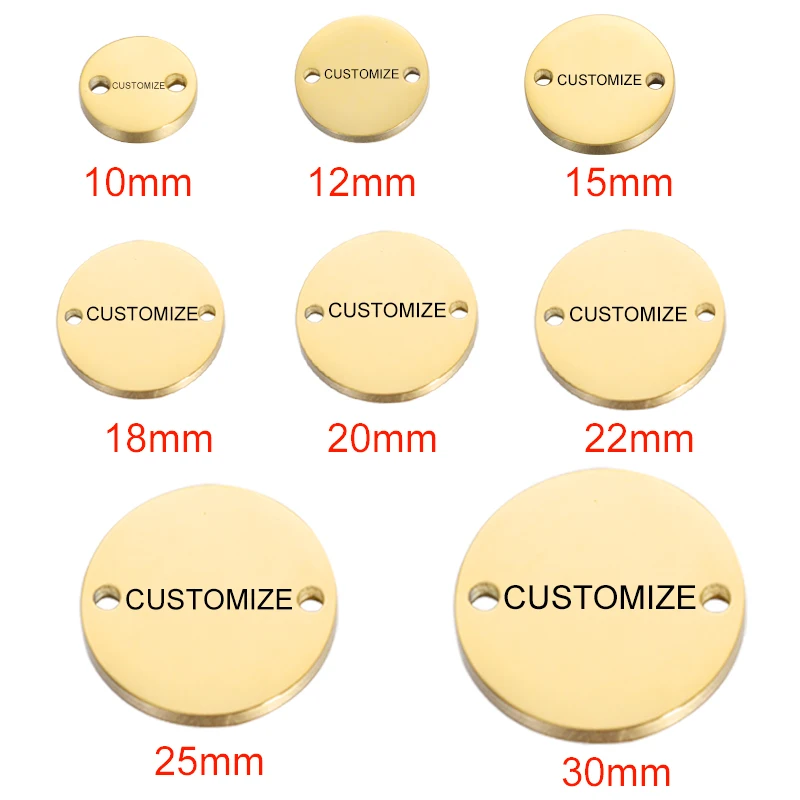 Fnixtar 20Pcs 10-30mm Laser Custom Name Text Logo Round Disc Charms Stainless Steel Connector Charms For DIY Making Neacklaces