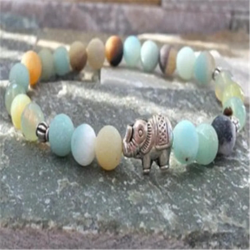 6mm Amazonite Gemstone beads Mala bracelet Silver elephant Gemstone Spirituality Bless Handmade Healing Chakras Monk Men Reiki