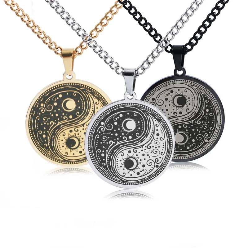 Stainless Steel Chinese Ethnic Yin-Yang round Necklace White Black Sun Moon Day Night Amulet Taoism Pendant Hip-hop Man Jewelry