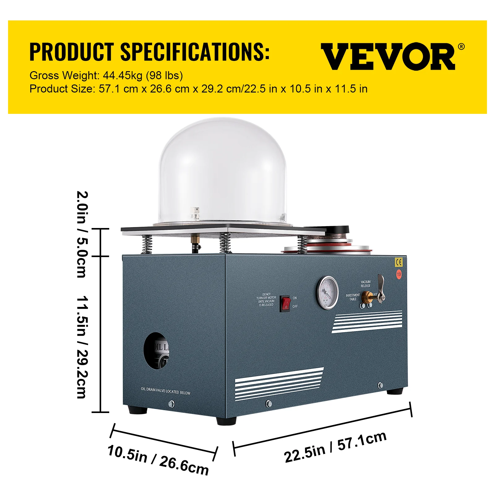 VEVOR-máquina de inversión al vacío para joyería, dispositivo de inversión de cera perdida con campana de 9x8 pulgadas, adecuado para oro, plata y cobre, 2L