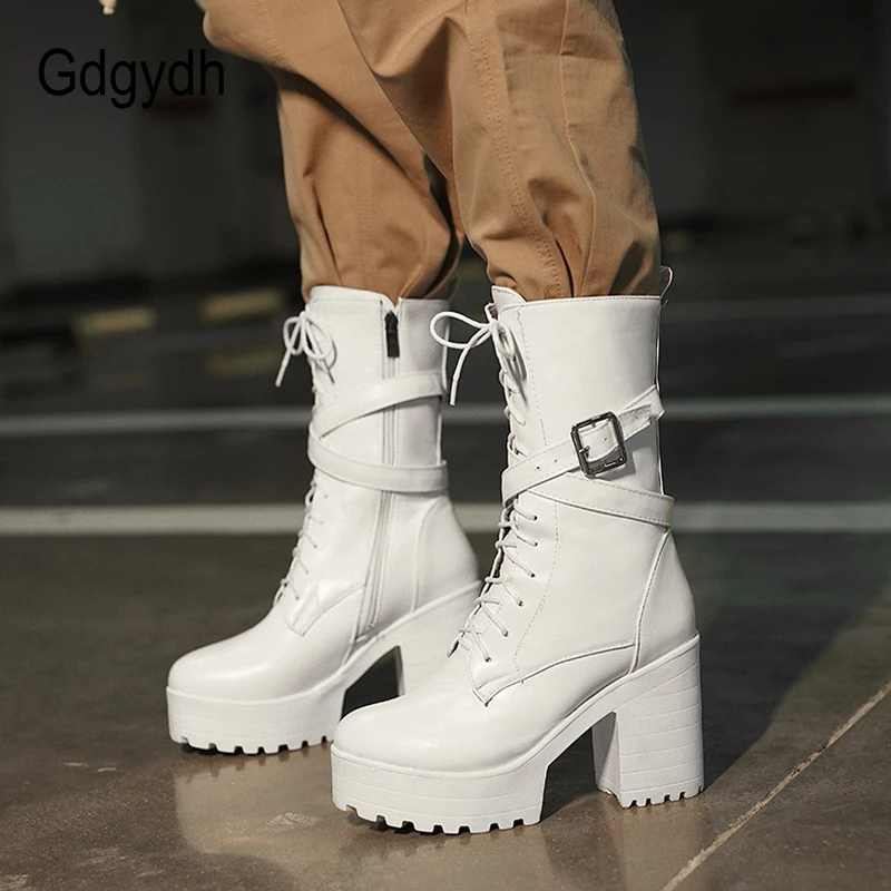 Gdgydh Women Mid-calf Boots Round Toe Thick High Heel Platform Shoes Soft Leather Punk Female Motorcycle Boots Plus Size 34-43