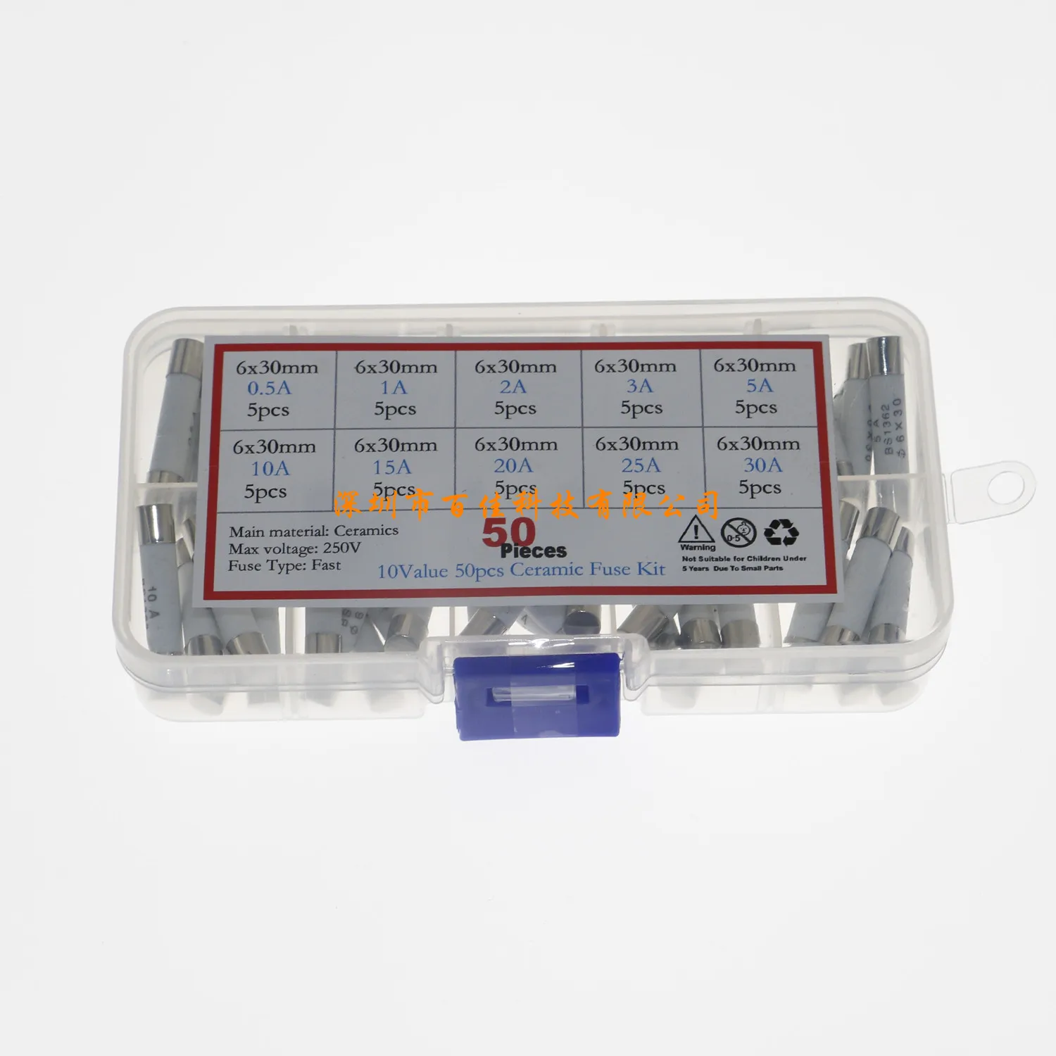 50Pcs 10 specifications ceramic fuse wire box 6x30mm 0.5A~30A mixed fuse set