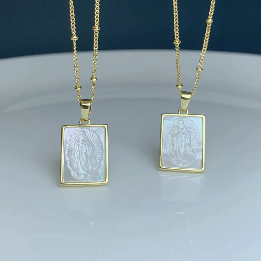 

Natural Mother of Pearl Shell Guadalupe Virgin Pendant Necklace Religions Vintage Jewelry For Women