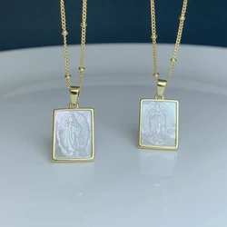 Natural Mother of Pearl Shell Guadalupe Virgin Pendant Necklace Religions Vintage Jewelry For Women