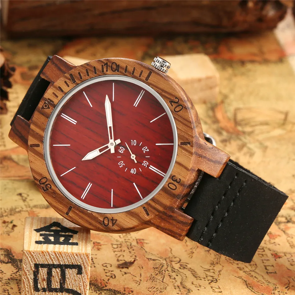 Luminous Pointer Zebrawood Watch for Men Quartz Wristwatch Genuine Leather Mens Watches Seconds Small Dial reloj masculino