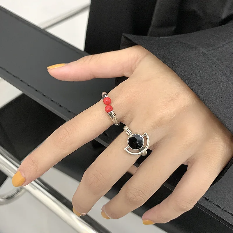 QMCOCO Silver Color Fashion Charms Black Round Ring Fashion Creative Moon Geometric Vintage Punk Party Women Jewelry Gift