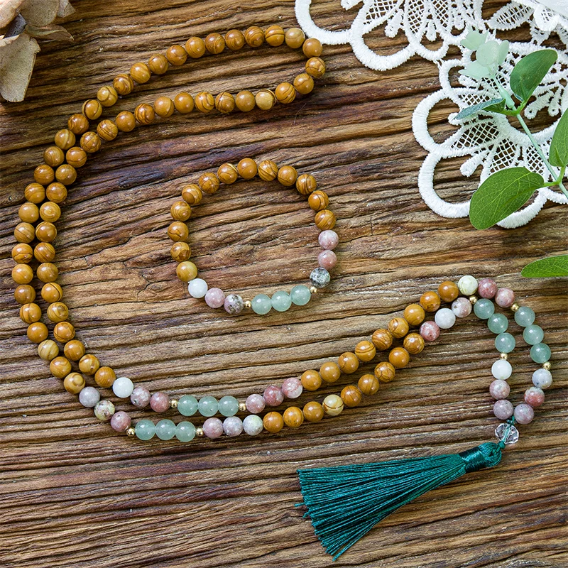 8mm Natural Green Aventurine Yellow Wood Jasper Red Plum Flower Beaded Necklace Meditation Yoga Jewelry Set 108 Mala Rosary