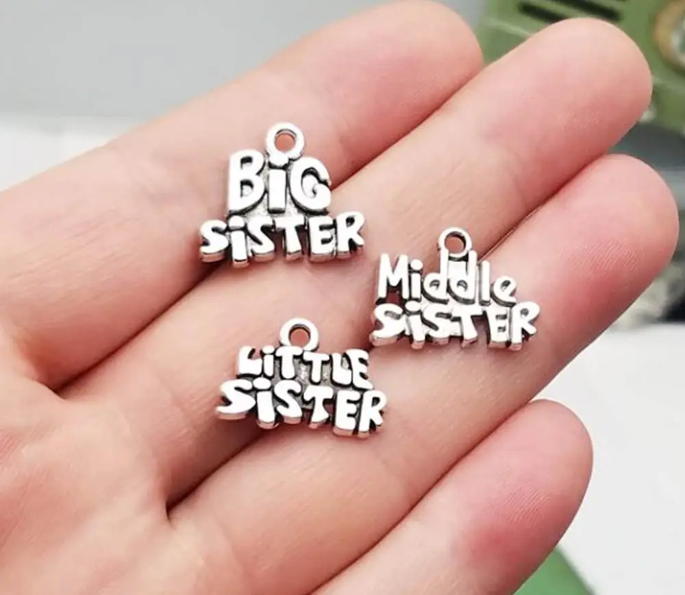 15pcs/lot--18x16mm Antique Silver Plated Big Middle Little Sister Charms Family Pendants DIY Supplies Jewelry Making Accessories