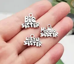 15pcs/lot--18x16mm Antique Silver Plated Big Middle Little Sister Charms Family Pendants DIY Supplies Jewelry Making Accessories