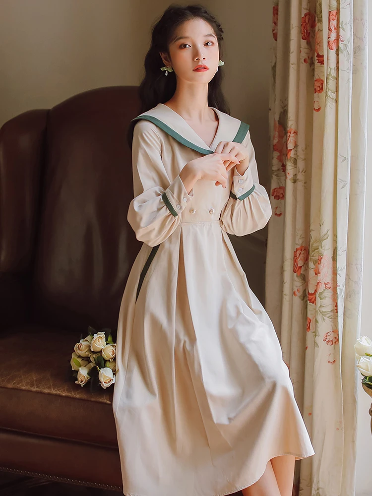 

Retro French literary retro college style fresh girl midi dress retro sailor collar falbala high waist victorian dress kawaii