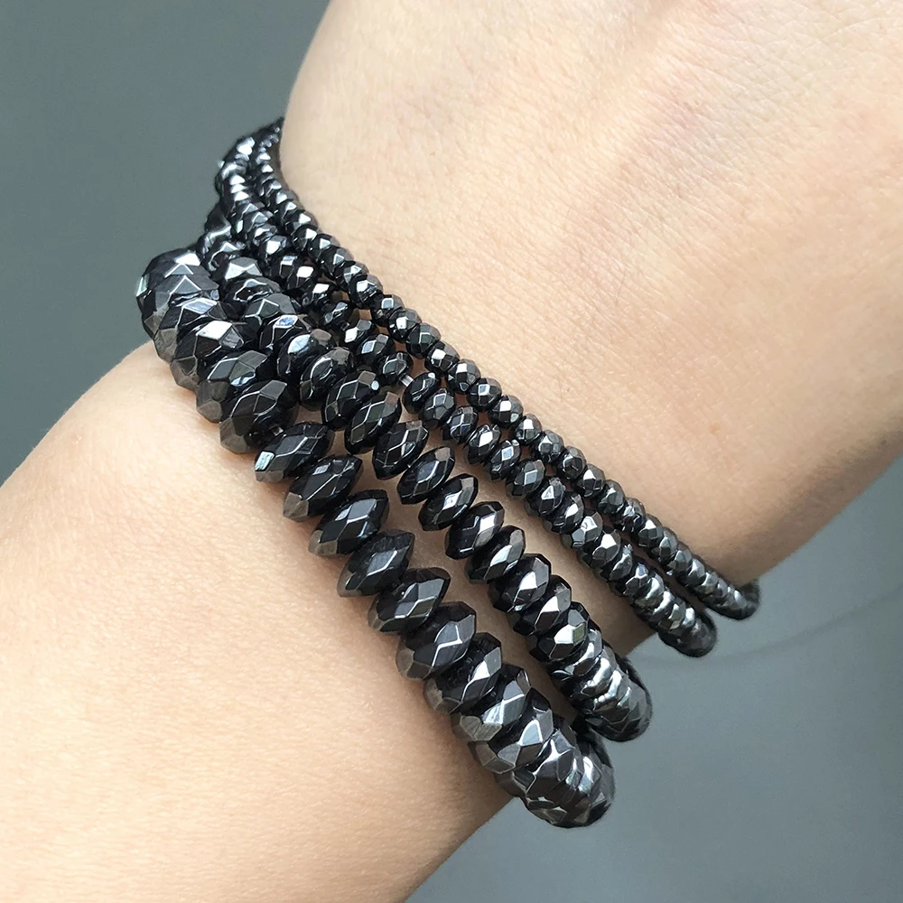 Faceted Rondelle Natural Black Hematite Stone Beads Flat Loose Spacer Beads For Jewelry Making Diy Bracelet Accessories 15Inches