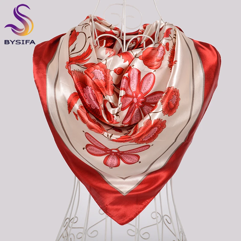 [BYSIFA] Chinese Style Blue White Silk Scarf Printed Women Fashion Accessories Neck Scarf Shawl 90cm Ladies Scarves Hijabs Red