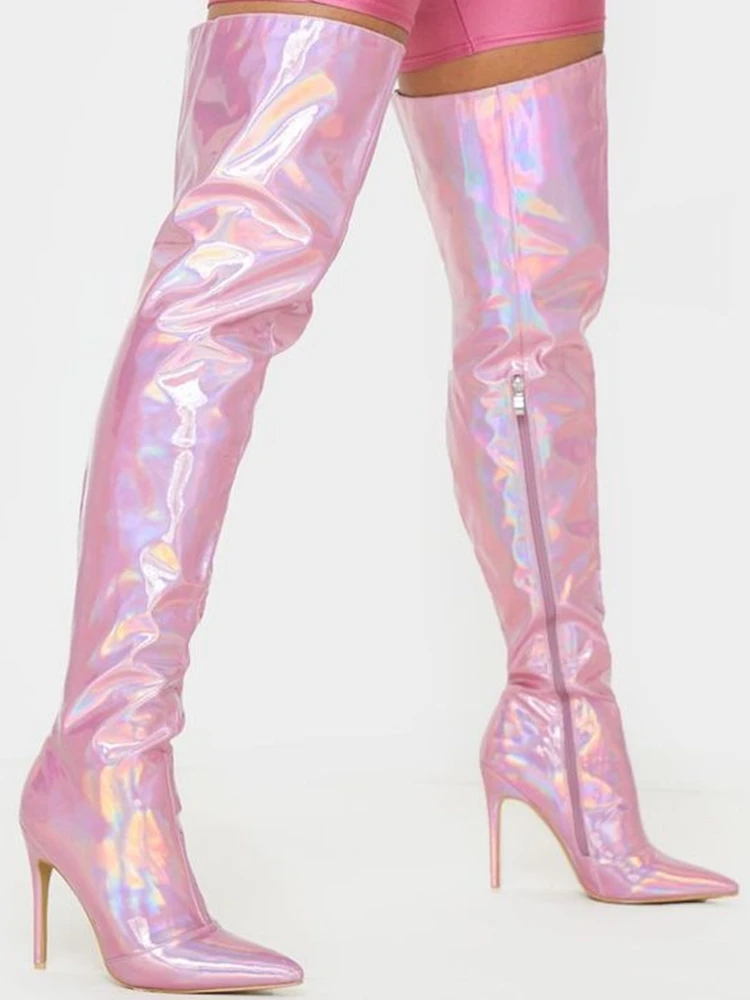 Pink Laser Shiny Thigh High Boots Over The Knee Sexy Pointed Toe Winter Stylish Boots Top Quality Customized Runway Shoes