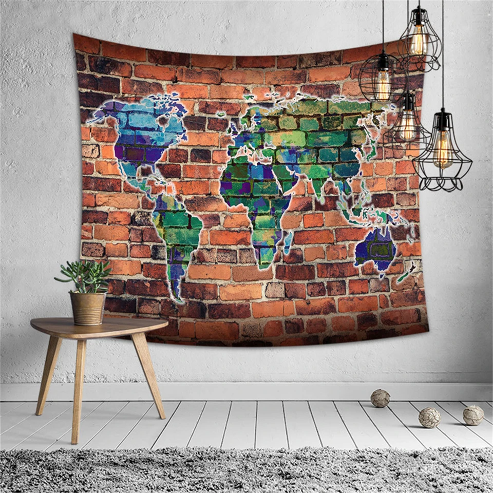 Retro Brick Stone Printed Wall Tapestry World Map Hippie Wall Cloth Tapestries Map Boho Decor Dorm Background Art Carpet Blanket