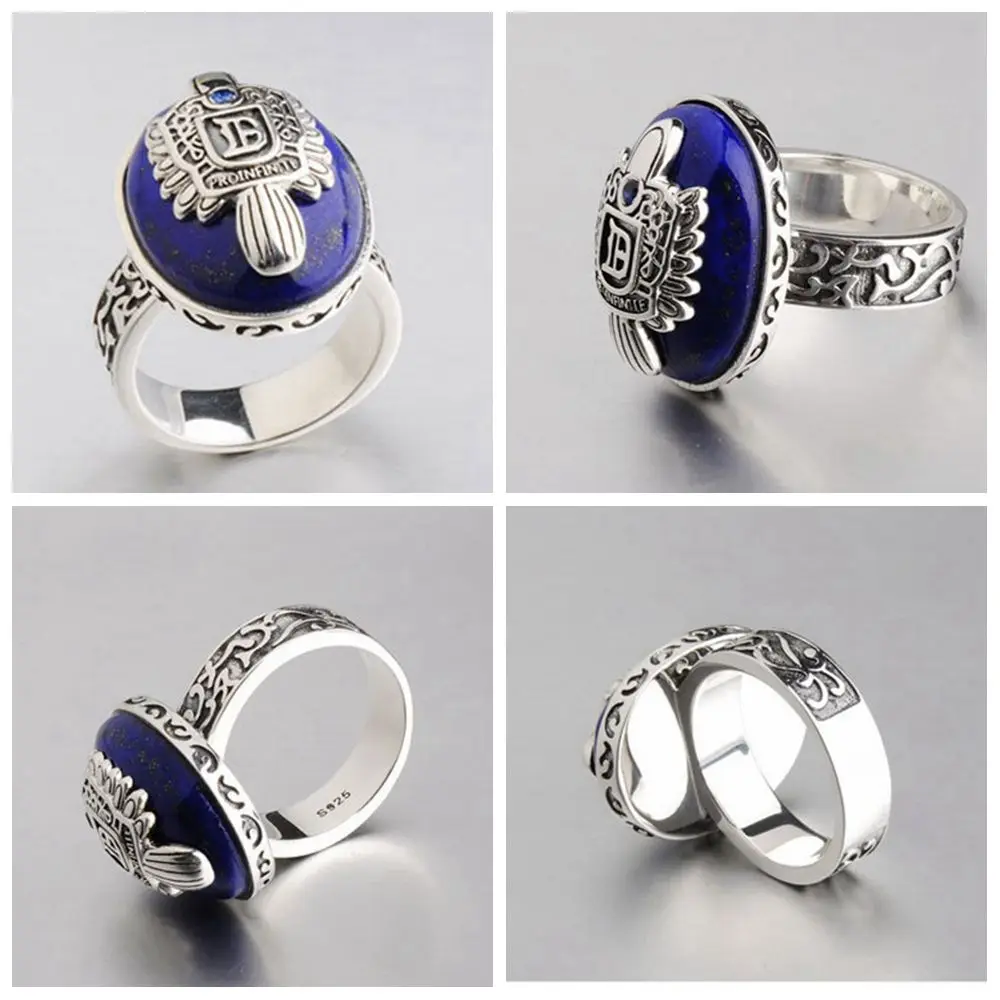 925 Sterling Silver The Vampire Diaries Damon Salvatore Lapis Lazuil Mens Ring Jewelry US Size 8 12#