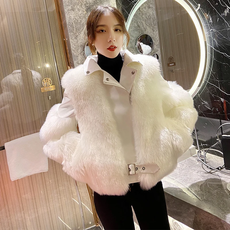 High Quality Faux PU Leather Patchwork Imitation Fox Fur Coat Autumn Winter 2024 Beige Khaki Black Gray Slim Short Biker Outwear