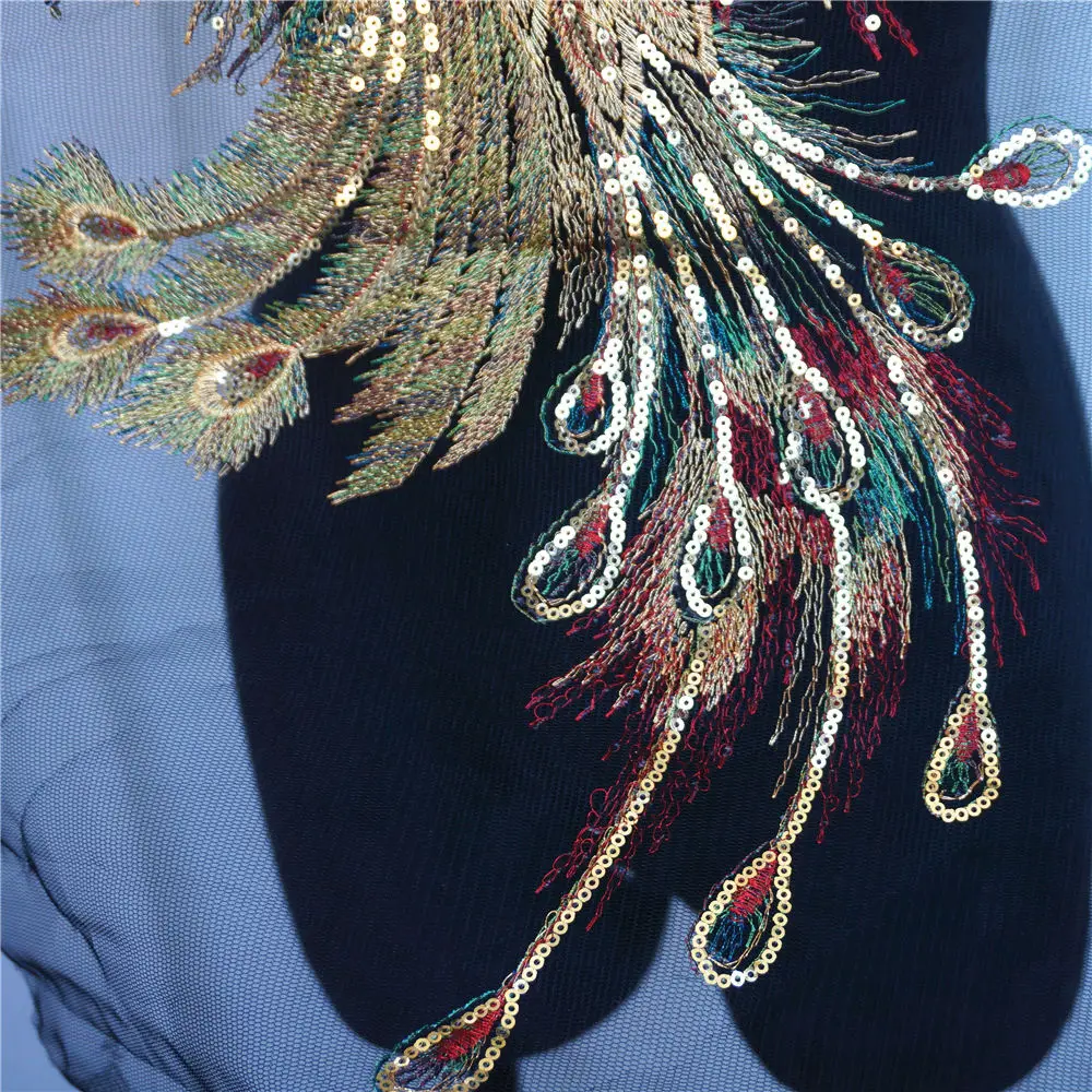 Embroidered Sequin Peacock Phoenix Black Mesh Lace Fabric Gown Appliques Collar Sew Patch For Wedding Decoration Dress DIY