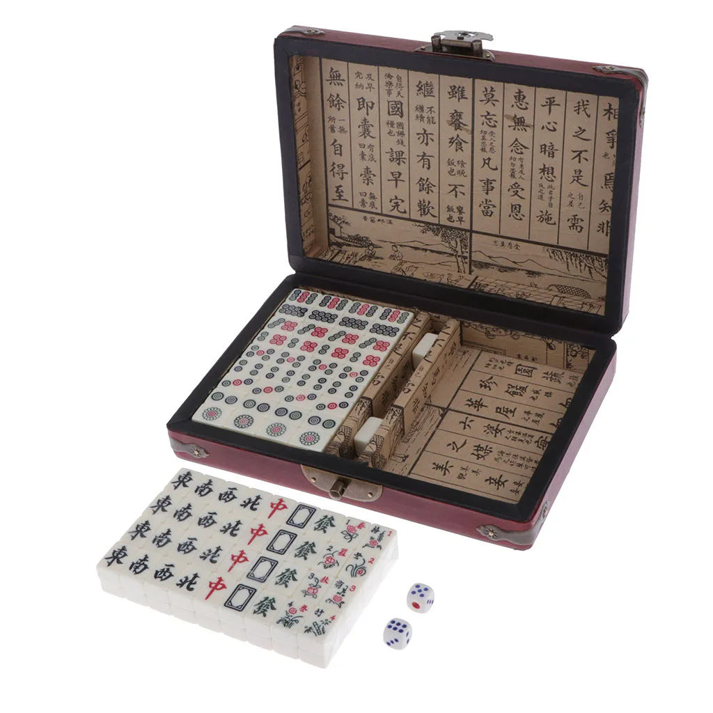 Mini Mahjong Traditional Chinese Version Game Set with Portable Wodoen Box Mah-Jongg Travel Family Leisure Time