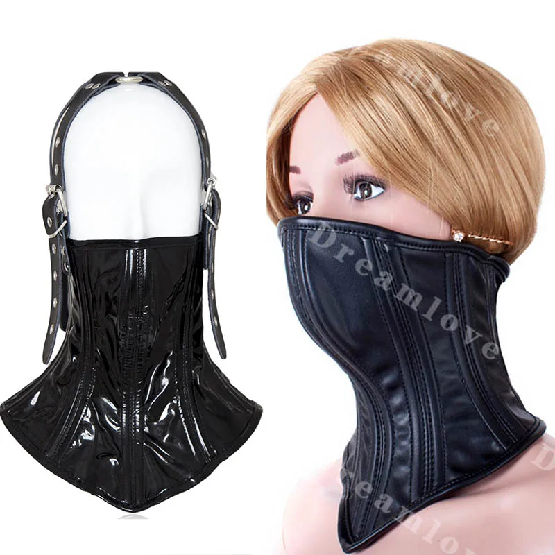 

Women Soft Boned Leather Neck Restraint Corset Collar Fetish Lockable Half Face Role Play SM Costume