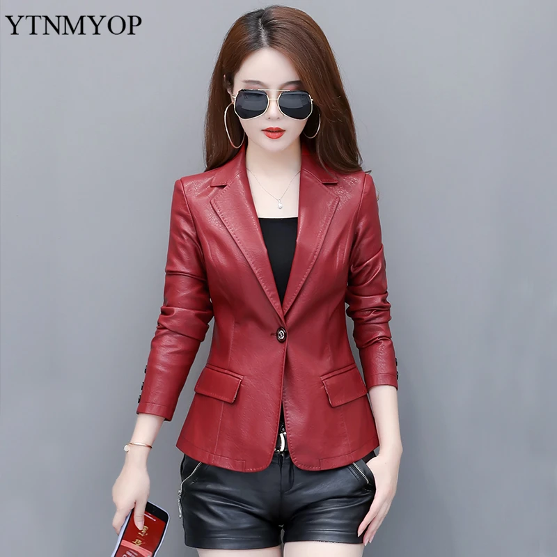 YTNMYOP Black Women Leather Jacket 2024 Spring Autumn Short Casual Blazer Leather Clothing S-5XL Work To Wear Coat