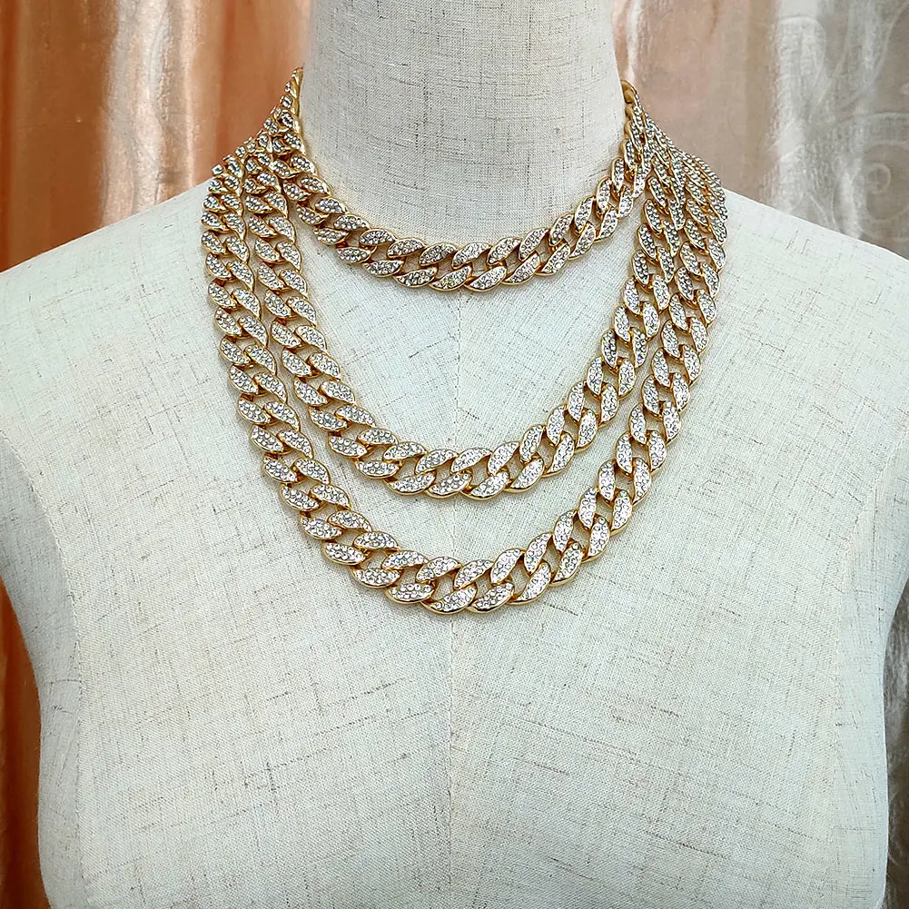 Hip Hop Paved Rhinestones Miami Cuban Chain Necklace For Women Men Bling Gold Silver Color 3 Size Cuban Collar Necklaces Jewelry