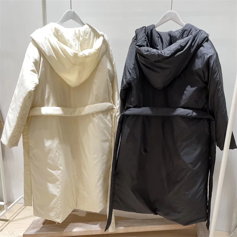 PUWD Oversized Women Hooded Long Pajamas Cotton Jacket 2021 Winter Sashes With Coat Vintage Pocket Parka Loose Female Outwear