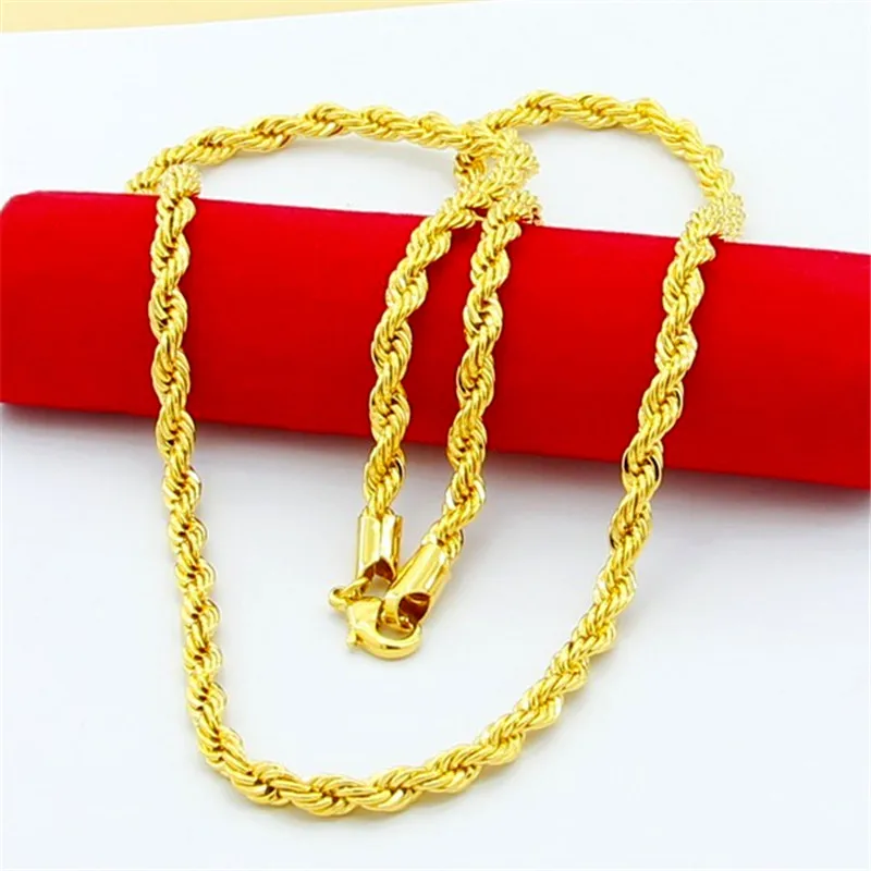 Hip Hop plated 24K Gold Necklace 4MM Twisted Rope Twist Electroplating Gold Necklace for Men & Women Wedding Jewelry Gifts