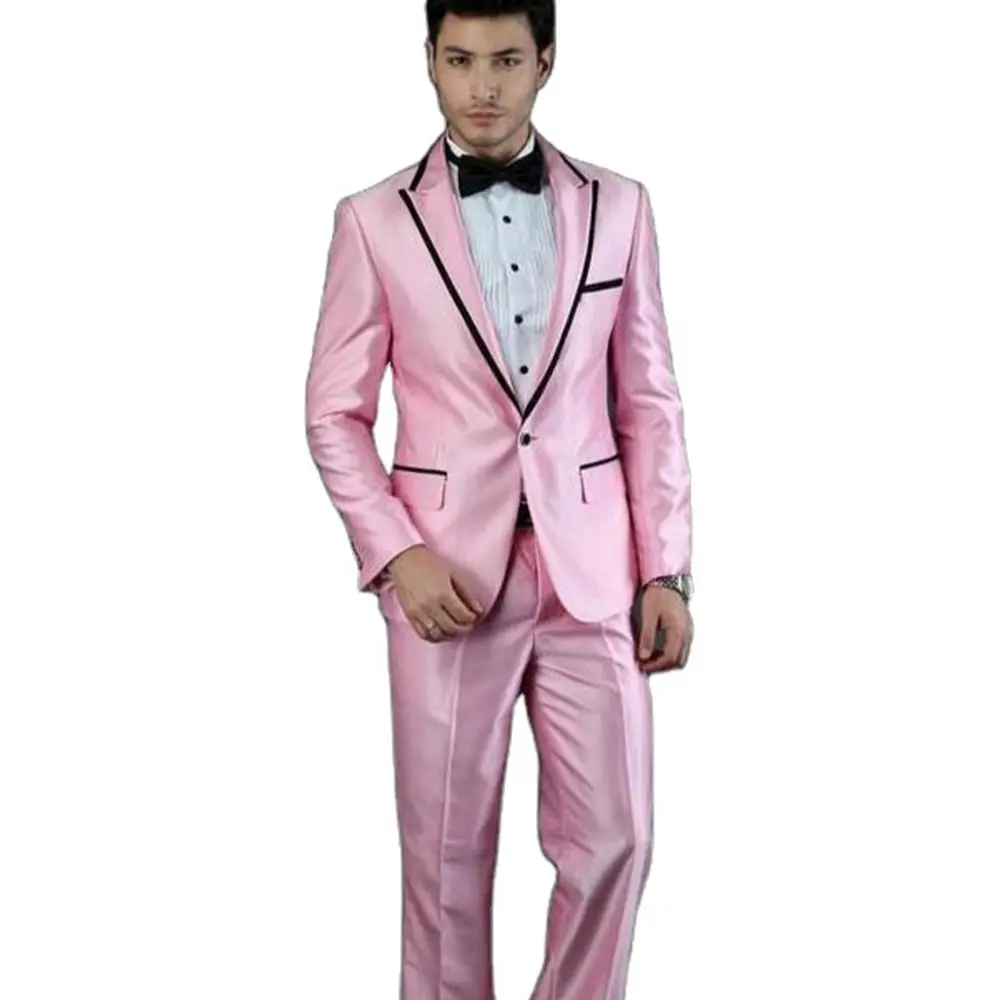 

Shiny Satin Men’s Suits Sets Peaked Lapel Blazer Trousers Party Wear 3 Pockets Tailored Pink Wedding Clothing 2Pcs Jacket Pants