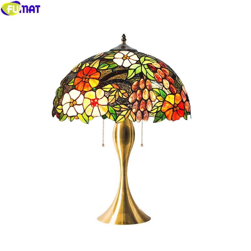 FUMAT Tiffany Vineyard Table Lamp Grape Flower Stained Glass Desk Light Decorative Classical Style Handicraft Colorful Lighting