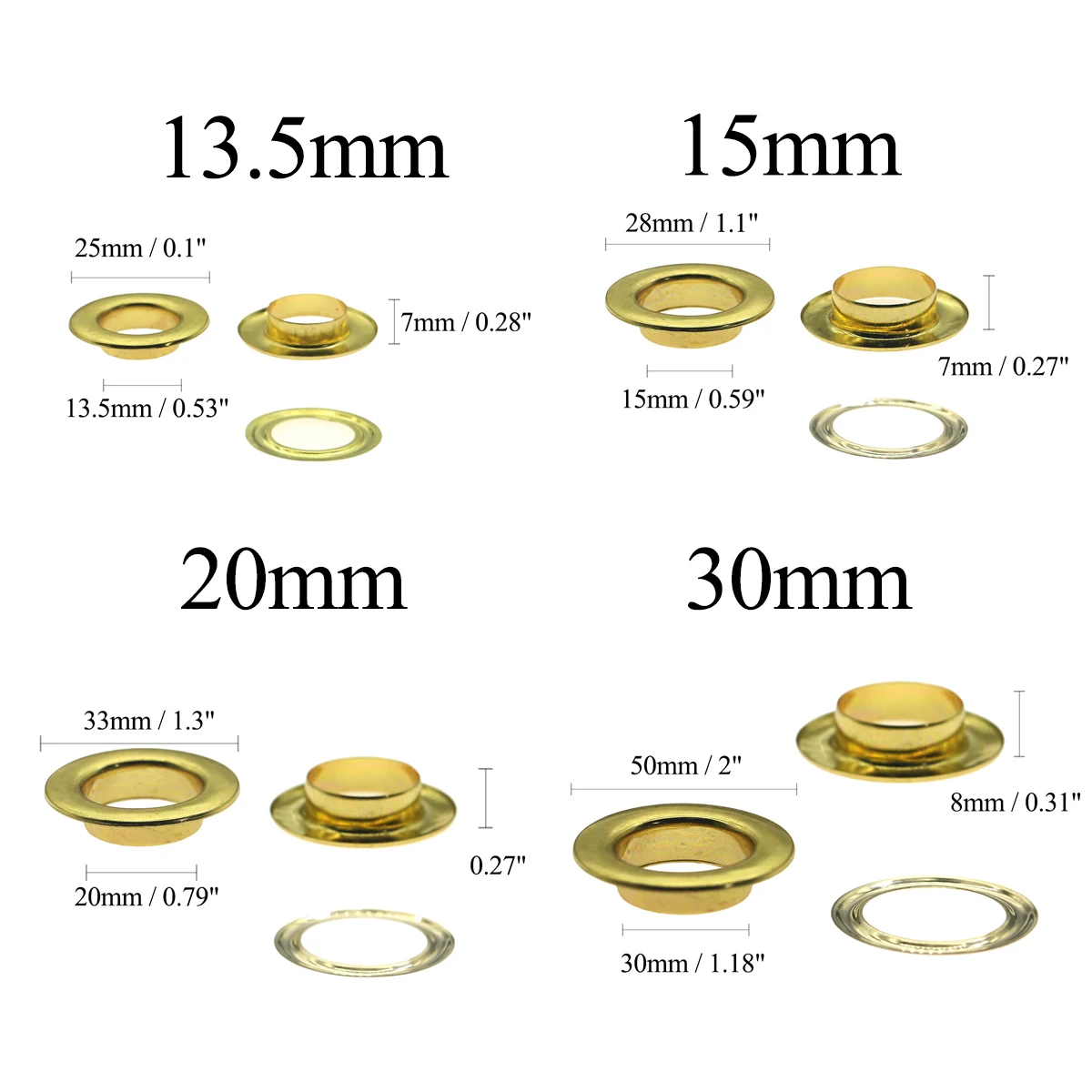 Plane Gold Pure Copper Eyelets for Awnings Leather Goods Handbag 3|4|5|6|7.3|10|12|13.5|15|20|30mm Internal Diameter Eyelets