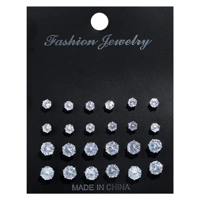 12 Pair/Pack CZ Shiny Wedding Stud Earrings Set for Women Men Crystal Jewelry Round Geometric Earring Brincos Christmas Gifts