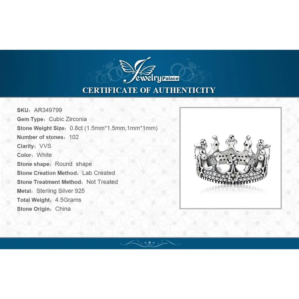 JewelryPalace Vintage Tiara Crown Solid 925 Sterling Silver Cubic Zirconia Cool Star Punk Band Rings for Women Fashion Jewelry
