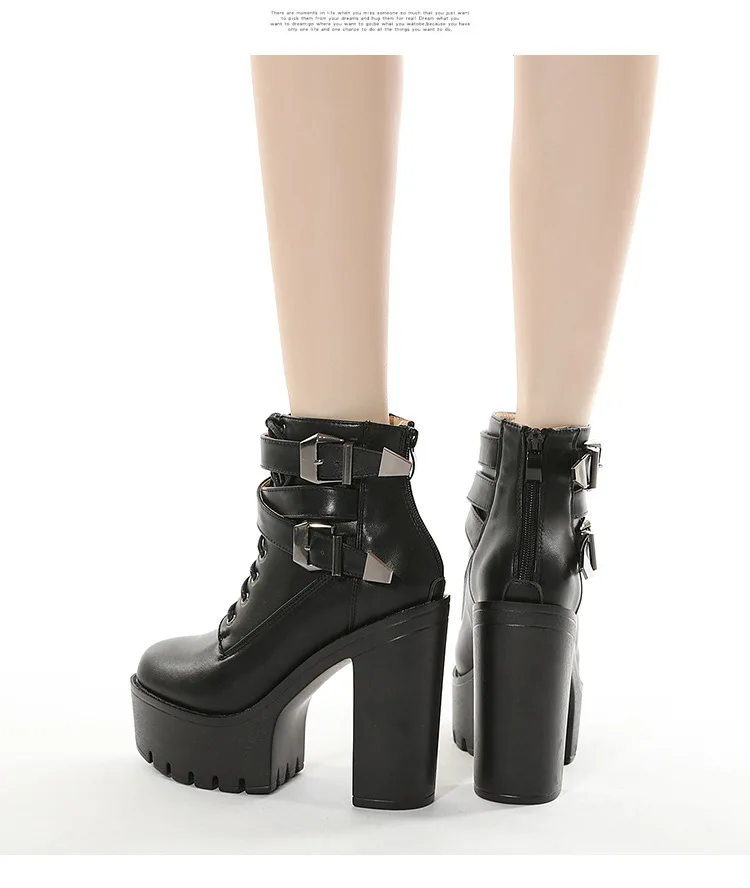 Sexy Spring Autumn Fashion Women Boots High Heels Platform Buckle Lace Up Leather Short Booties Black Ladies Shoes Large size image 6