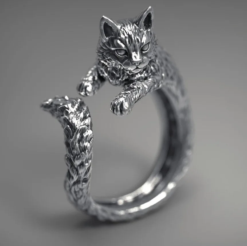 Women's Cute Antique Silver Plated Cat Ring Terrible Evil Witch Cat Opening Ring Cocktail Party Finger Ring Wedding Ring Jewelry