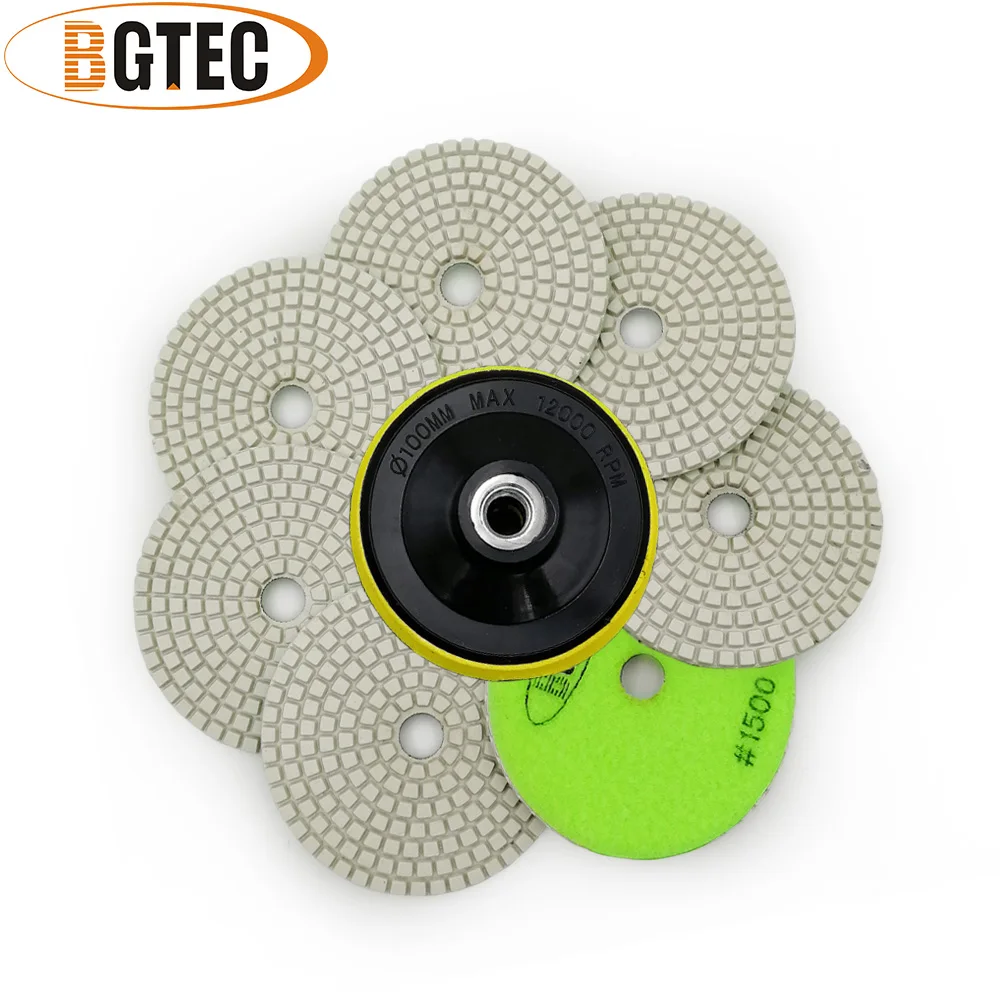 

BGTEC 4inch 7pcs #1500 wet diamond flexible polishing pad with M14 Plastic Backer pad 100mm marble ,granite, quartz sanding disc