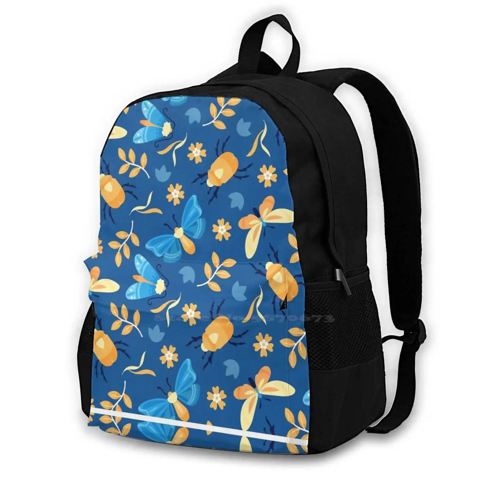 Flowers And Butterflies On Background Blue School Bag Big Capacity Backpack Laptop 15 Inch Blue Flowers Pattern Butterflies