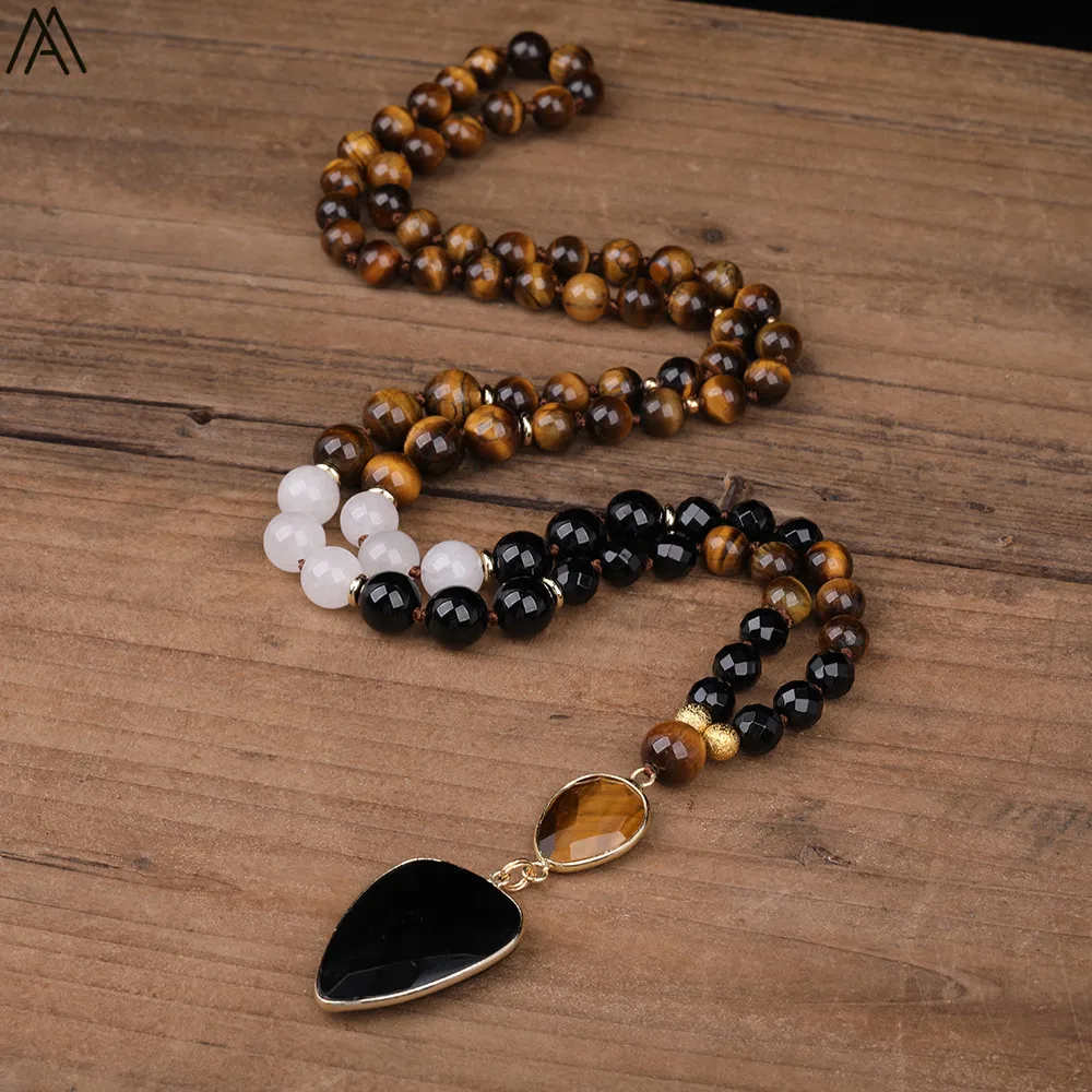 

Natural Black Agates Pendant Tiger Eye Black Agates Round Beads Knot Handmade Necklace Long 32 Inch