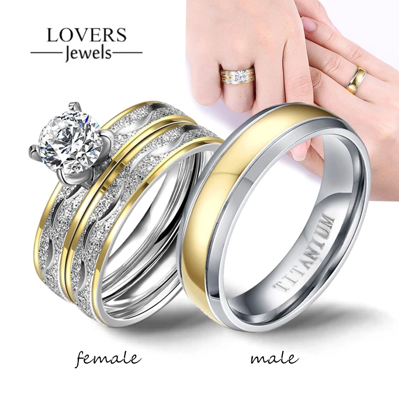 Couple Rings Exquisite Women Rhinestones Zirconia Rings Set Simple Men Stainless Steel Ring Wedding  Jewelry Gifts For Lover