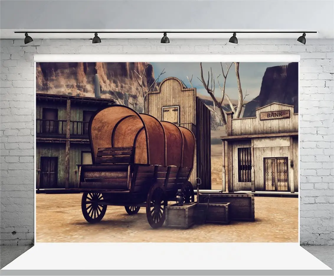 Vintage Western Street Town Photography Backdrop Wild West Wooden Cart Crates Retro Bank Aged Cabin Background Old Wood Saloon