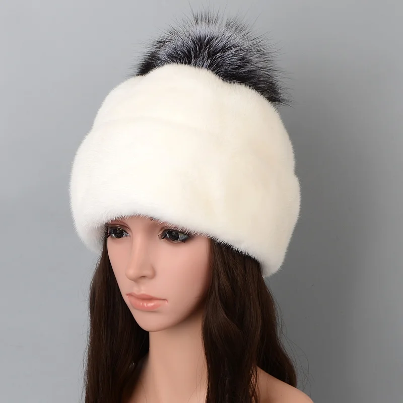 

Mink Hat Winter Women Ladies Knitted Beanie With Pom Pom Real Fur Fox Cap Female Fashion Pompon Bonnet For Women Drawstring 2021