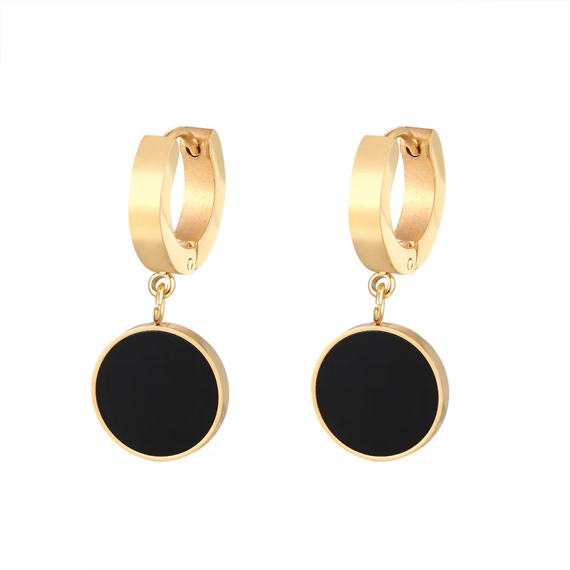 Hot Circle Hanging Black Enamel Circle Hoop Earring For Women Stainless Steel Gold Color Jewelry Party Earrings Wholesale